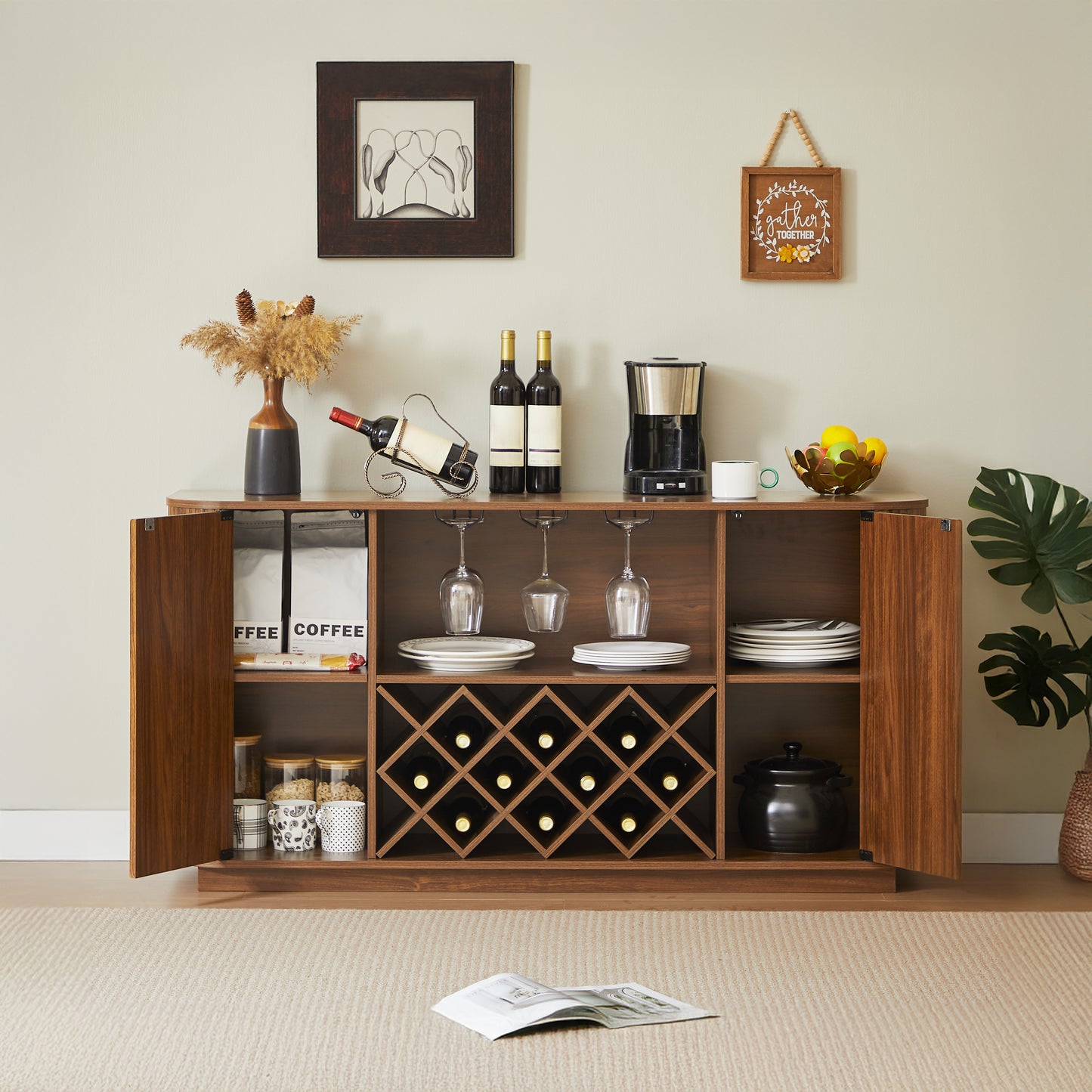 SESSLIFE 58" Modern Sideboard Cabinet with Wavy Curved Doors, Walnut Buffet Cabinet with Wine Rack Glass Holder and Adjustable Shelves, Coffee Bar Storage for Kitchen Dining Room