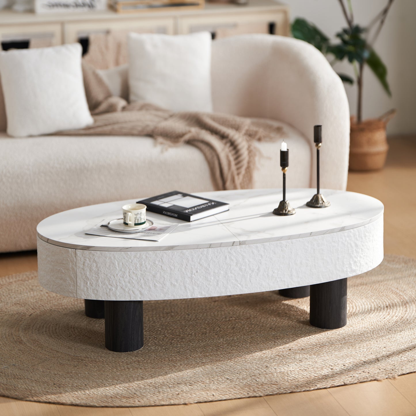 SESSLIFE Modern Coffee Table with Hidden Storage, Oval Shape and Faux Marble Top for Small Spaces, Living Room Tables with Smooth Edges, White Black Finish