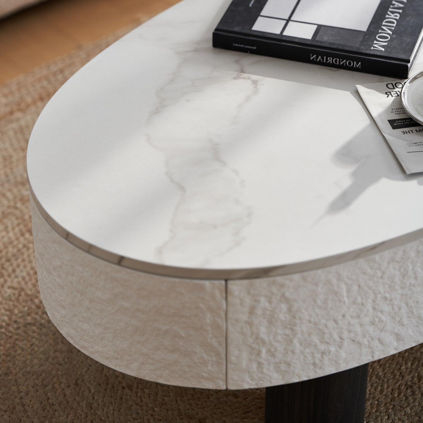 SESSLIFE Modern Coffee Table with Hidden Storage, Oval Shape and Faux Marble Top for Small Spaces, Living Room Tables with Smooth Edges, White Black Finish