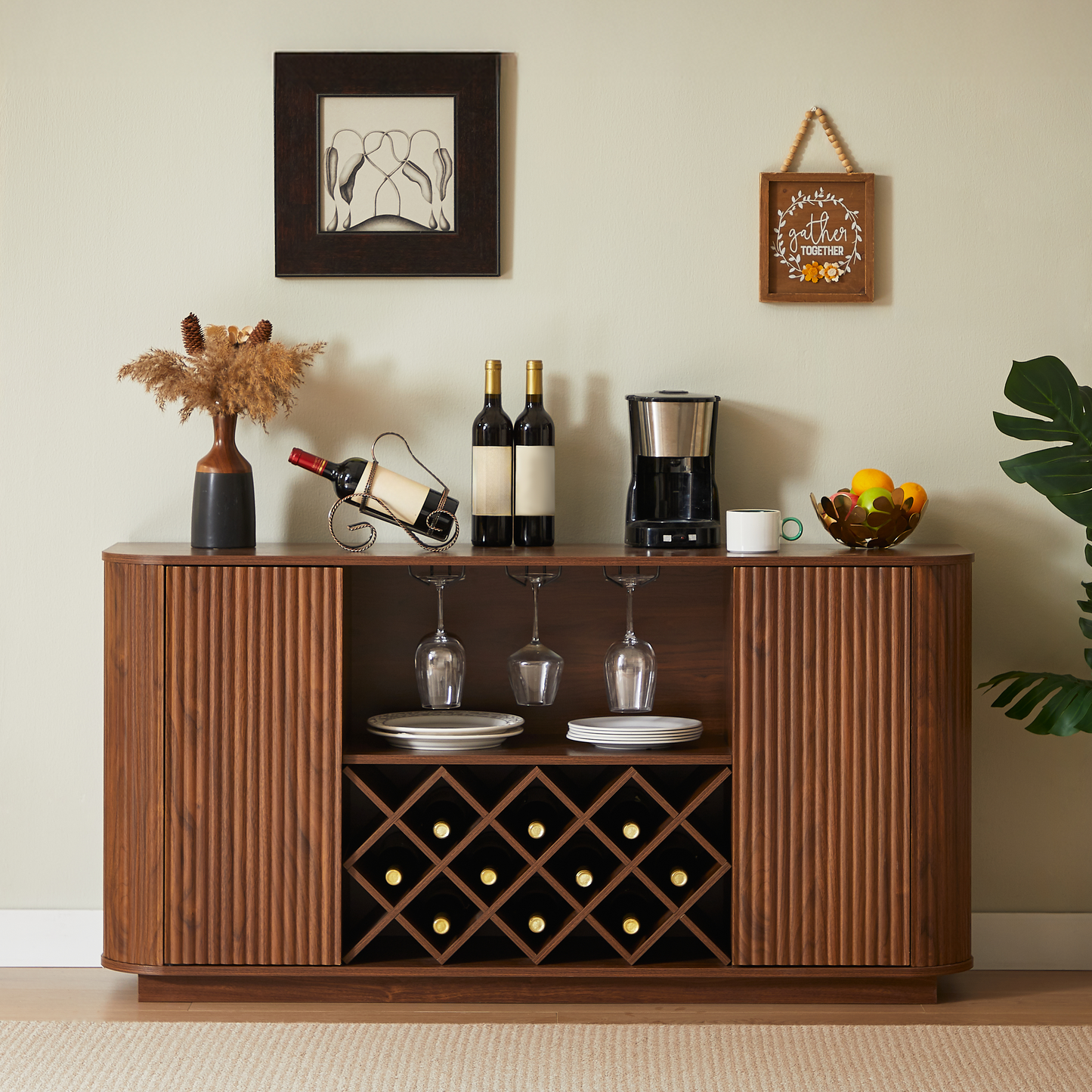 SESSLIFE 58" Modern Sideboard Cabinet with Wavy Curved Doors, Walnut Buffet Cabinet with Wine Rack Glass Holder and Adjustable Shelves, Coffee Bar Storage for Kitchen Dining Room