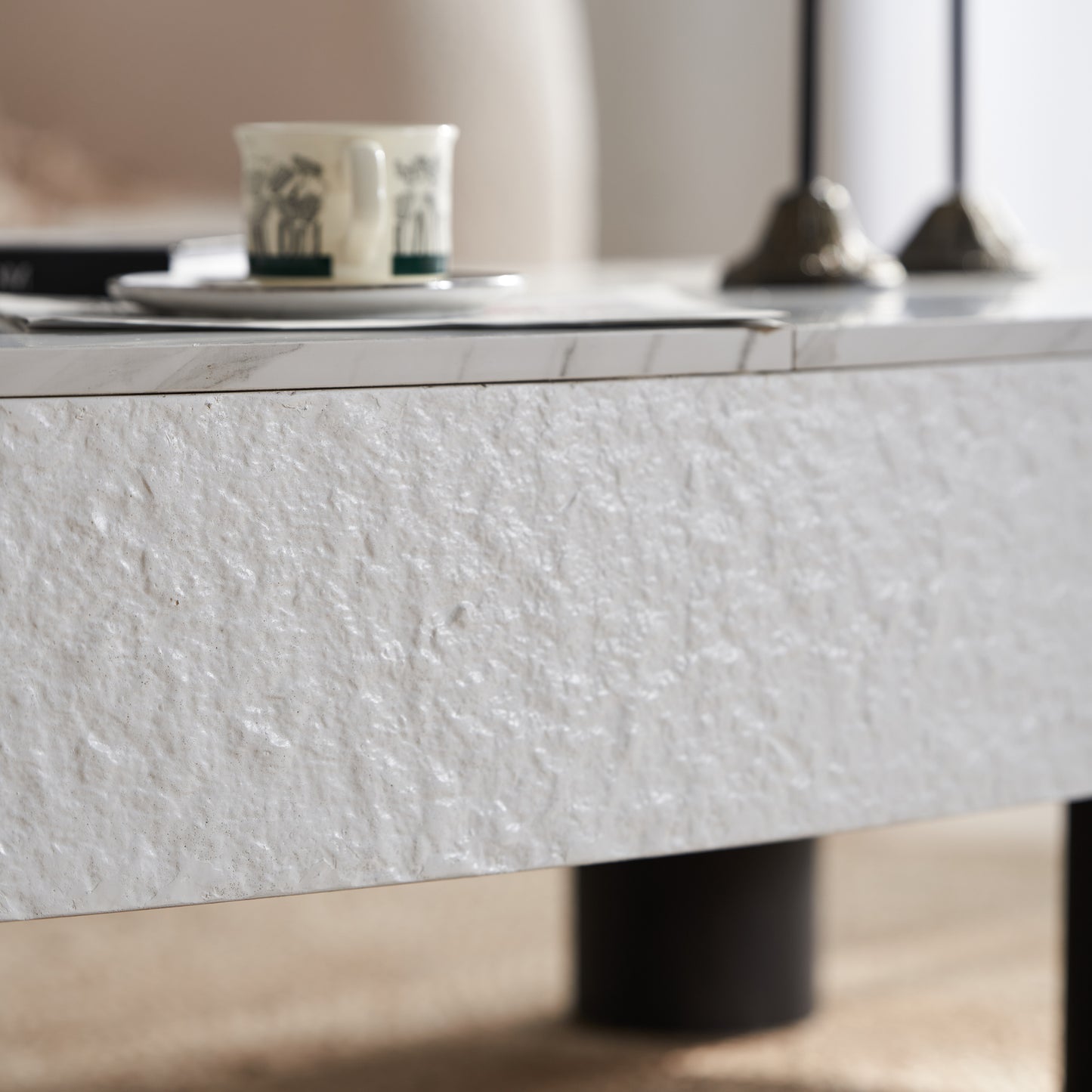 SESSLIFE Modern Coffee Table with Hidden Storage, Oval Shape and Faux Marble Top for Small Spaces, Living Room Tables with Smooth Edges, White Black Finish