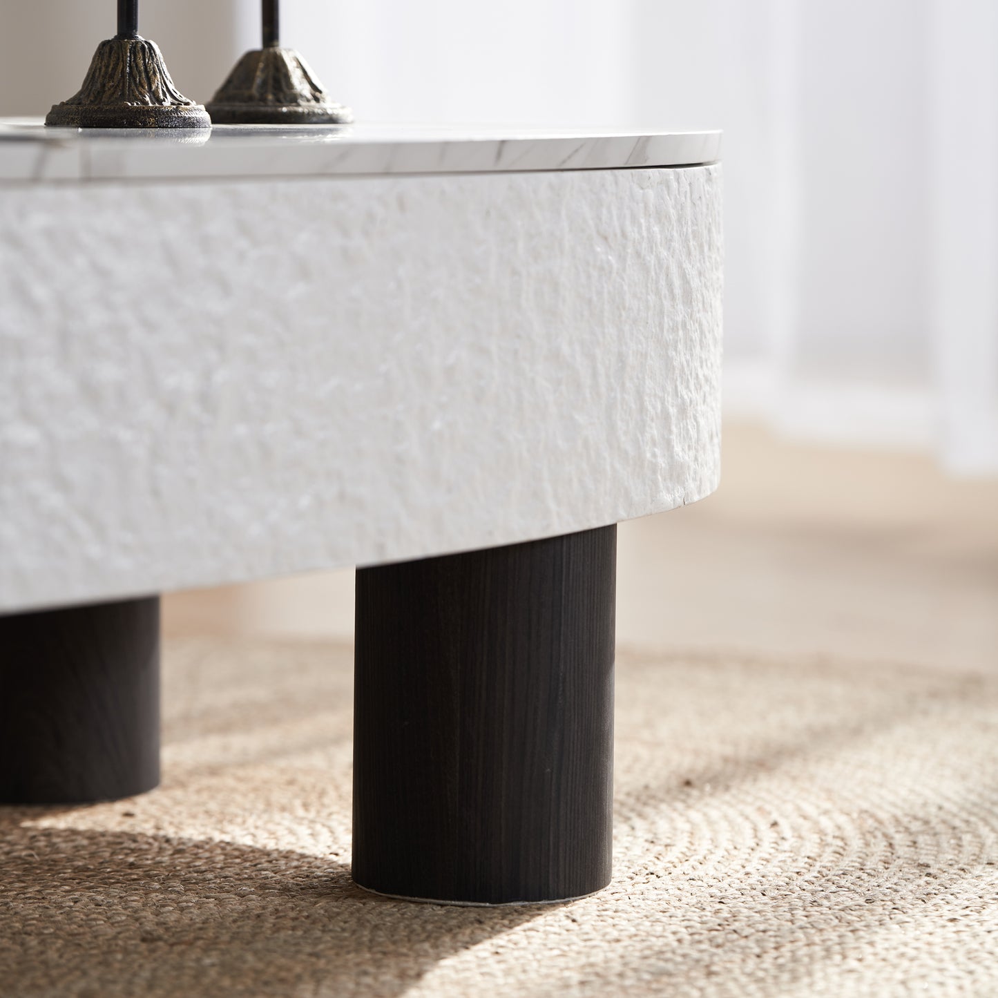 SESSLIFE Modern Coffee Table with Hidden Storage, Oval Shape and Faux Marble Top for Small Spaces, Living Room Tables with Smooth Edges, White Black Finish