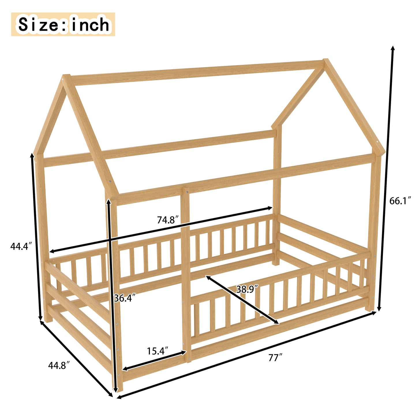 SESSLIFE Twin Bed Frame with House Roof Design, Wooden Floor Bed with Fence Guardrails, Pine Platform Bed for Bedroom, Montessori Style, Natural Finish