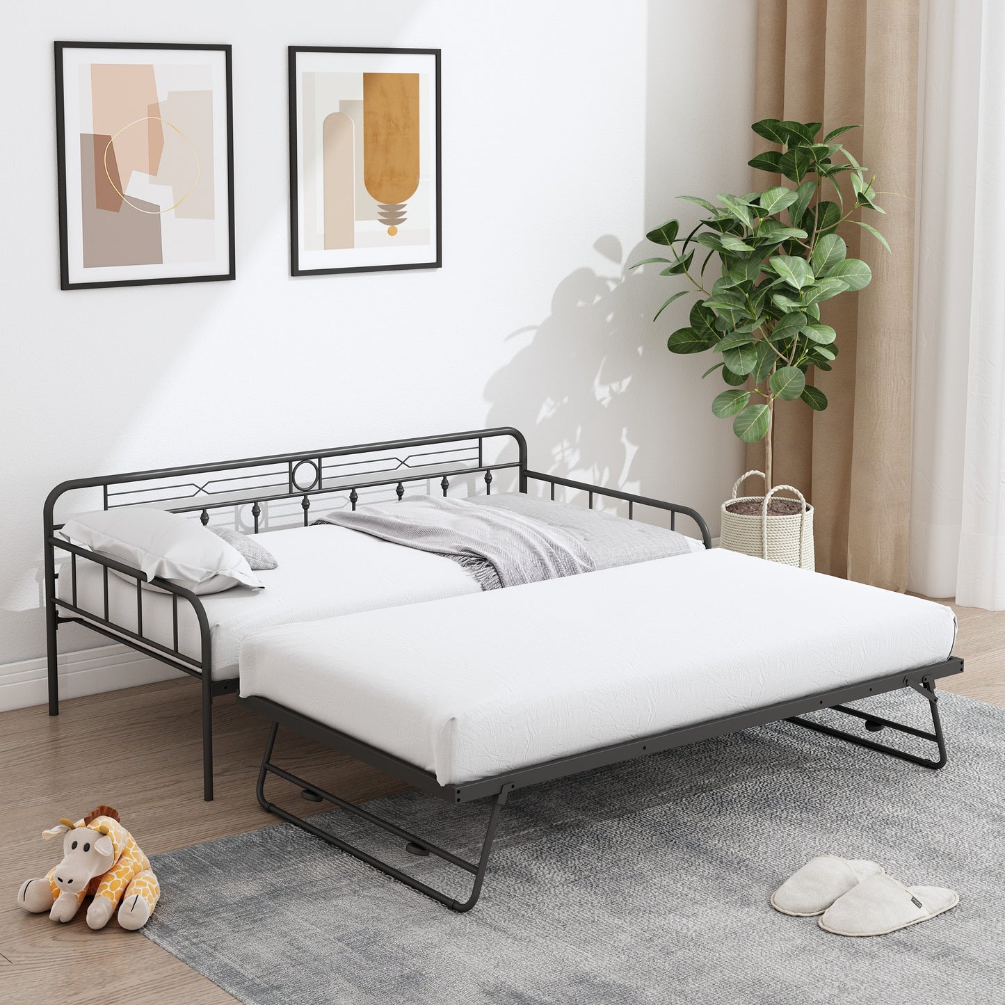Sesslife Metal Daybed with Adjustable Trundle, Twin Size Daybed with Twin Size Pop Up Trundle Bed, Heavy-Duty Sofa Bed with Portable Folding Trundle Bed for Bedroom Living Room （Black)