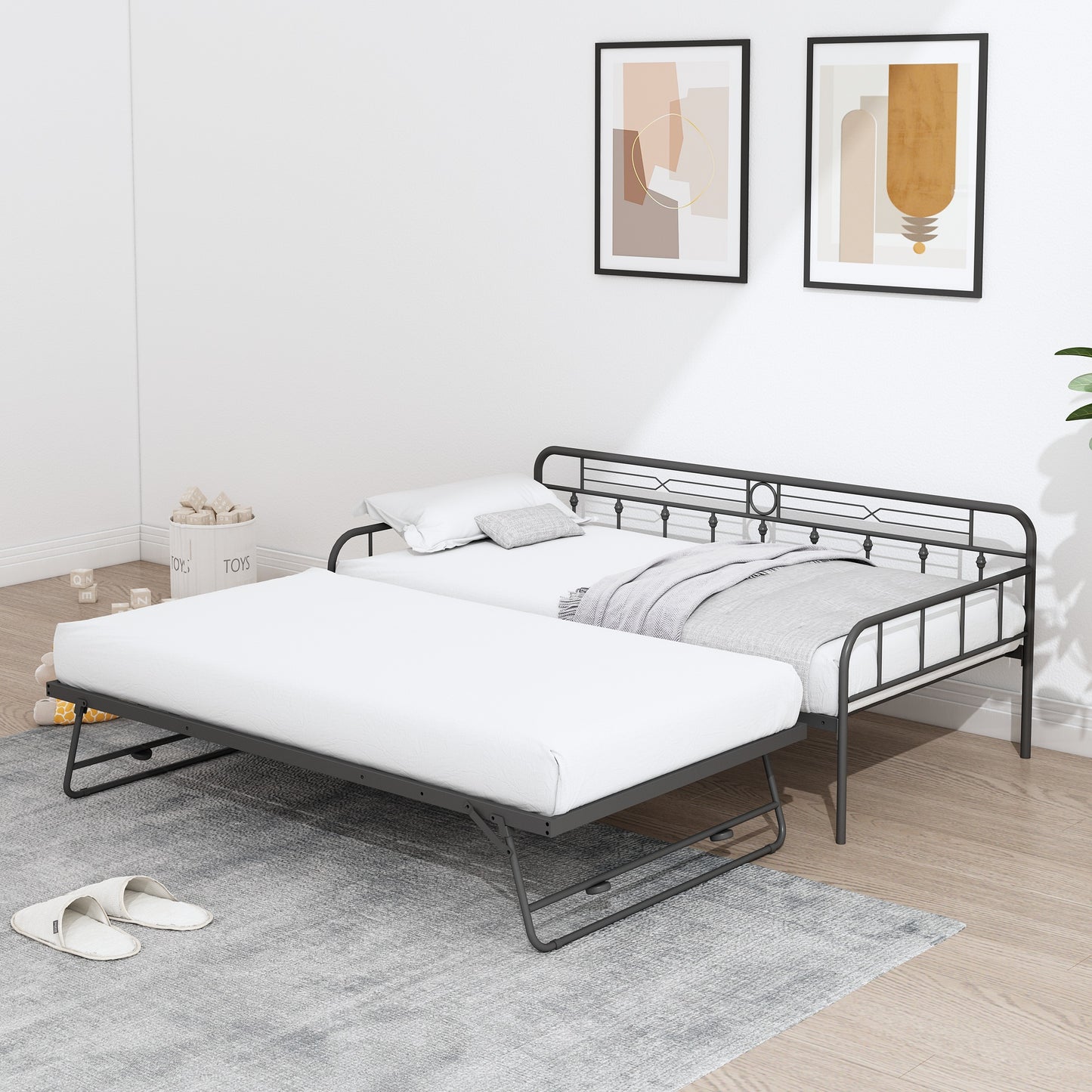 Sesslife Metal Daybed with Adjustable Trundle, Twin Size Daybed with Twin Size Pop Up Trundle Bed, Heavy-Duty Sofa Bed with Portable Folding Trundle Bed for Bedroom Living Room （Black)