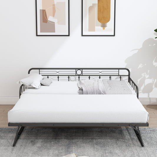 Sesslife Metal Daybed with Adjustable Trundle, Twin Size Daybed with Twin Size Pop Up Trundle Bed, Heavy-Duty Sofa Bed with Portable Folding Trundle Bed for Bedroom Living Room （Black)