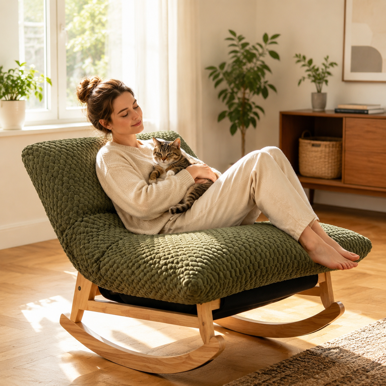 SESSLIFE Oversiezed Rocking Accent Chair for Adults, Corduroy Rocking Lounge Chair, Solid Rubberwood Frame, Armless Reading Chair for Living Room and Bedroom, Green