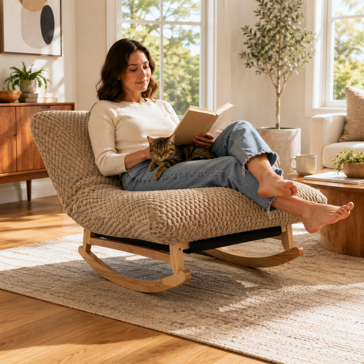 SESSLIFE Oversiezed Rocking Accent Chair for Adults, Corduroy Rocking Lounge Chair, Solid Rubberwood Frame, Armless Reading Chair for Living Room and Bedroom, Green