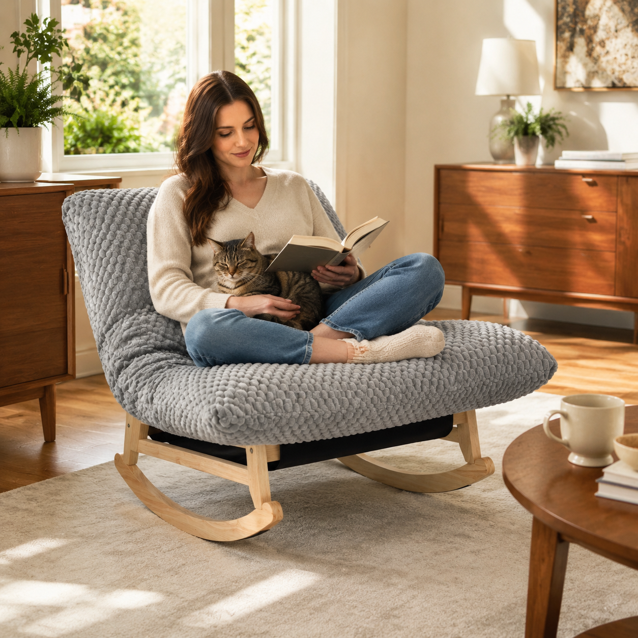 SESSLIFE Oversiezed Rocking Accent Chair for Adults, Corduroy Rocking Lounge Chair, Solid Rubberwood Frame, Armless Reading Chair for Living Room and Bedroom, Green
