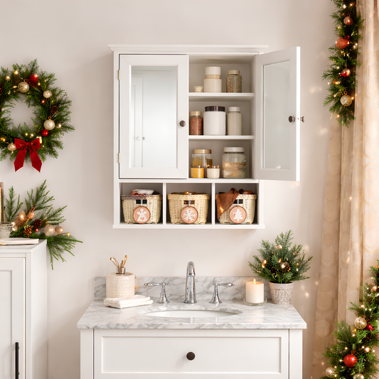 SESSLIFE Bathroom Storage Cabinet with Mirror, Tall Cabinet with Doors and Adjustable Shelves, Wall Mounted Medicine Cabinet with 3 Christmas Baskets, White