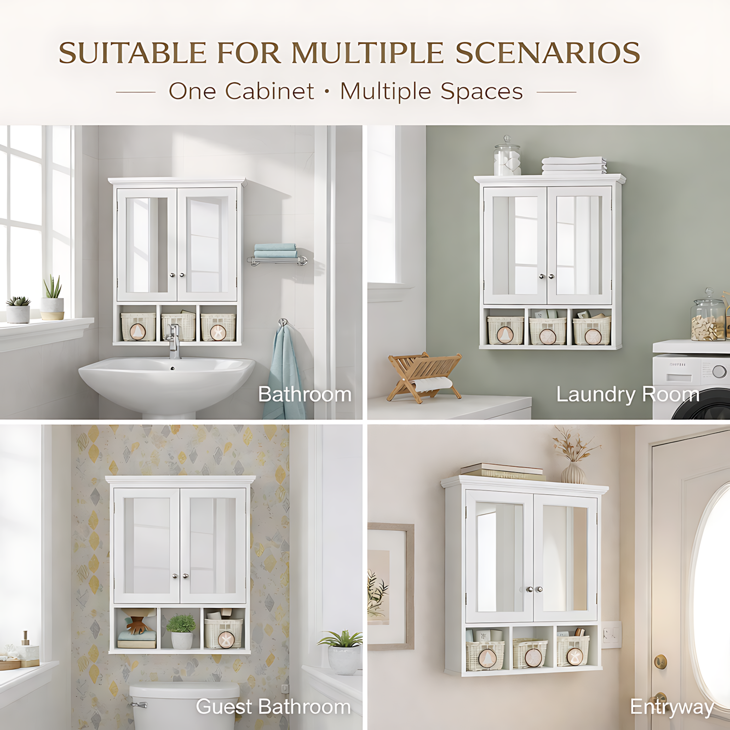 SESSLIFE Bathroom Storage Cabinet with Mirror, Tall Cabinet with Doors and Adjustable Shelves, Wall Mounted Medicine Cabinet with 3 Christmas Baskets, White