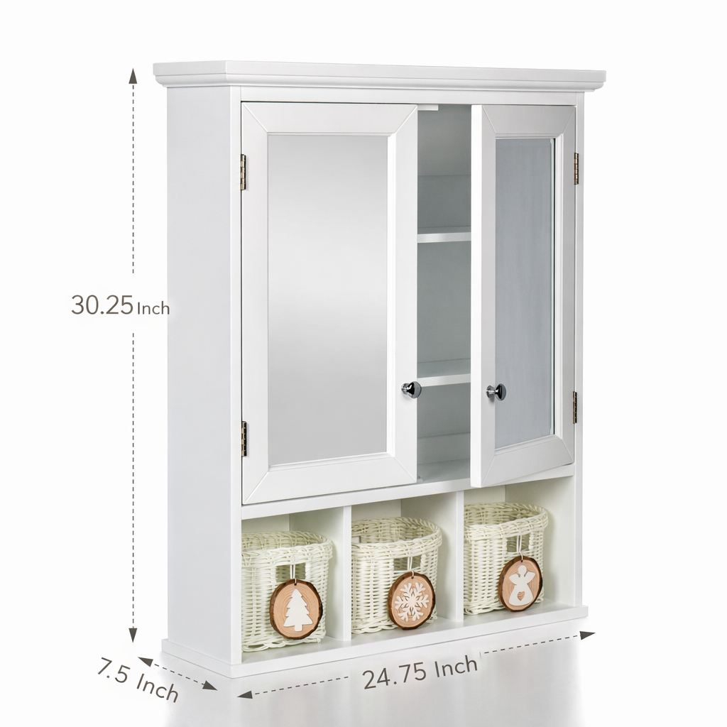 SESSLIFE Bathroom Storage Cabinet with Mirror, Tall Cabinet with Doors and Adjustable Shelves, Wall Mounted Medicine Cabinet with 3 Christmas Baskets, White