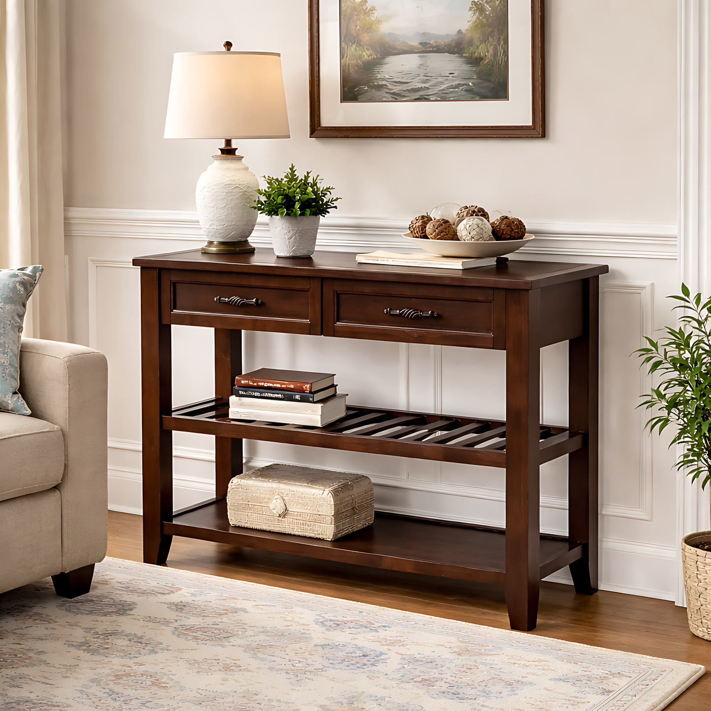 SESSLIFE 42 Inch Solid Wood Console Sofa Table with 2 Drawers and 2 Tier Shelves, Mid-Century Entryway Table Buffet Sideboard for Living Room Hallway Kitchen, Espresso