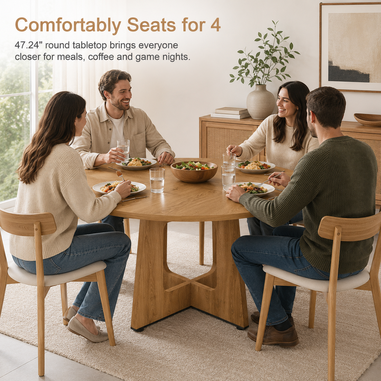 SESSLIFE Round Dining Table for 4, 47" Farmhouse Kitchen Table with Scratch-Resistant Thick Top, X-Shaped Steel Base, Adjustable Feet, 300 lb Capacity, 4-Step Assembly, Ancient Oak