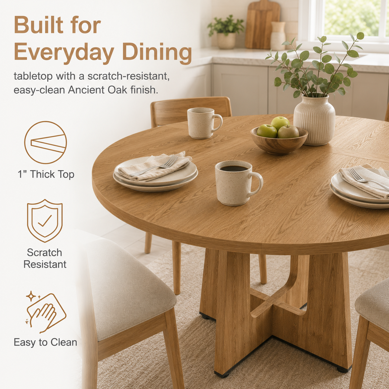 SESSLIFE Round Dining Table for 4, 47" Farmhouse Kitchen Table with Scratch-Resistant Thick Top, X-Shaped Steel Base, Adjustable Feet, 300 lb Capacity, 4-Step Assembly, Ancient Oak