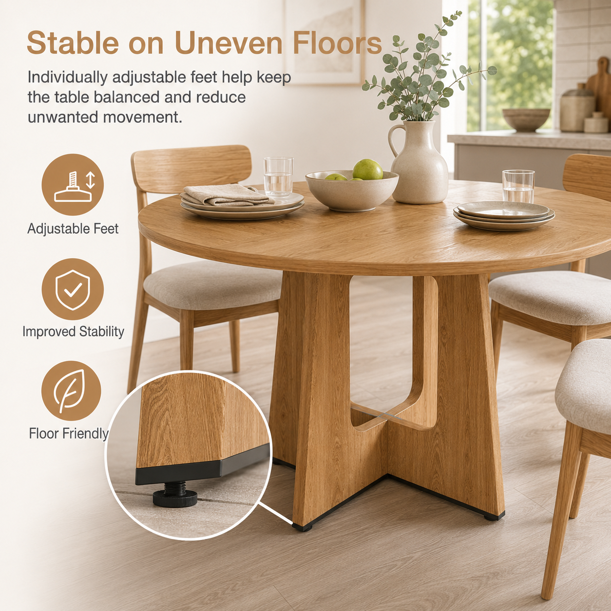 SESSLIFE Round Dining Table for 4, 47" Farmhouse Kitchen Table with Scratch-Resistant Thick Top, X-Shaped Steel Base, Adjustable Feet, 300 lb Capacity, 4-Step Assembly, Ancient Oak
