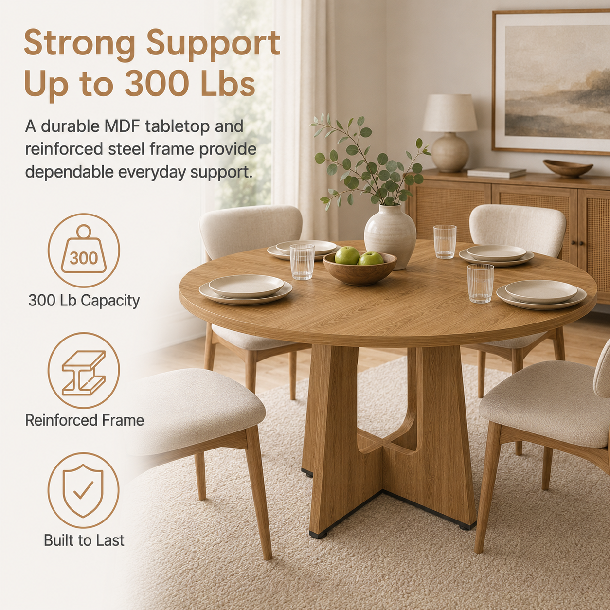 SESSLIFE Round Dining Table for 4, 47" Farmhouse Kitchen Table with Scratch-Resistant Thick Top, X-Shaped Steel Base, Adjustable Feet, 300 lb Capacity, 4-Step Assembly, Ancient Oak