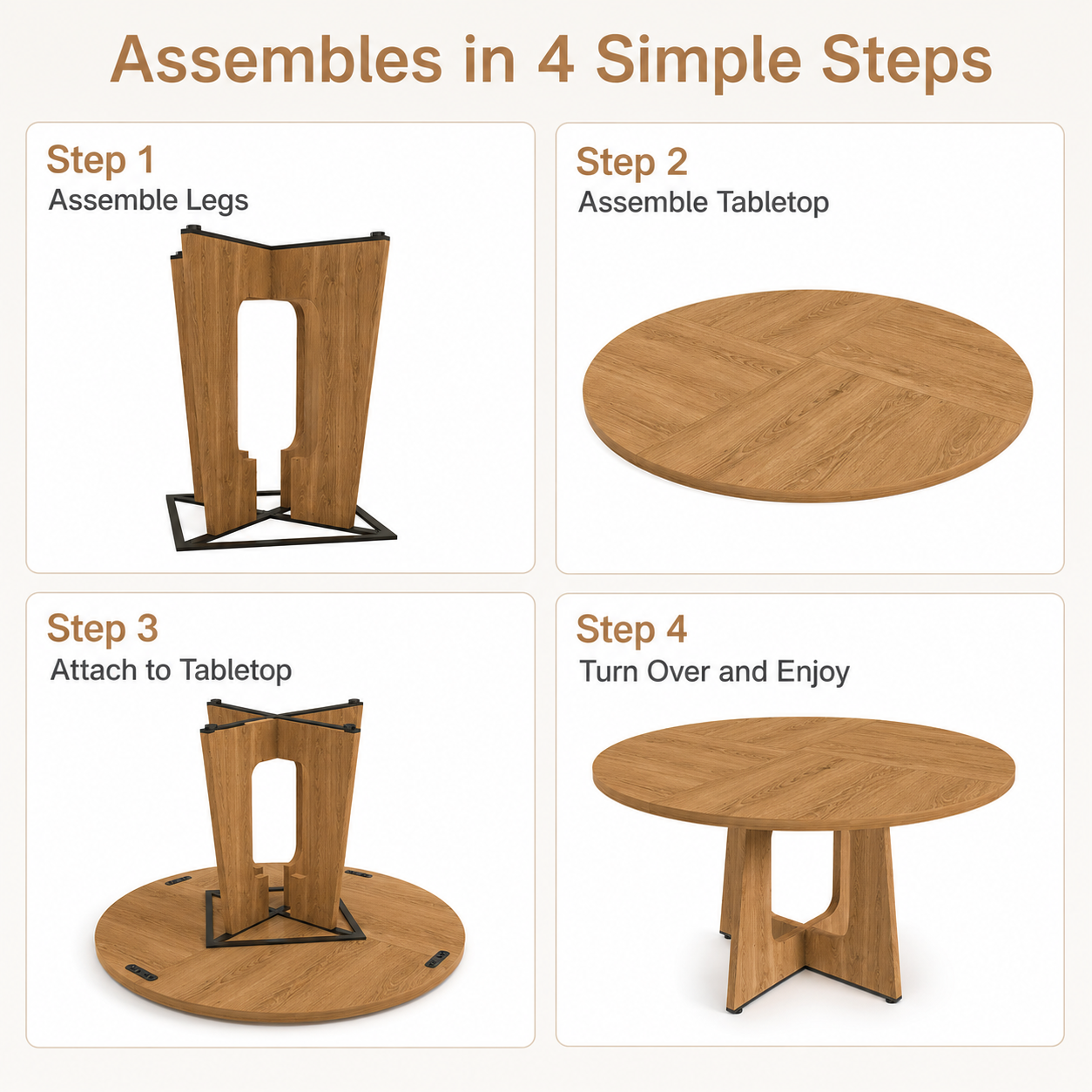 SESSLIFE Round Dining Table for 4, 47" Farmhouse Kitchen Table with Scratch-Resistant Thick Top, X-Shaped Steel Base, Adjustable Feet, 300 lb Capacity, 4-Step Assembly, Ancient Oak