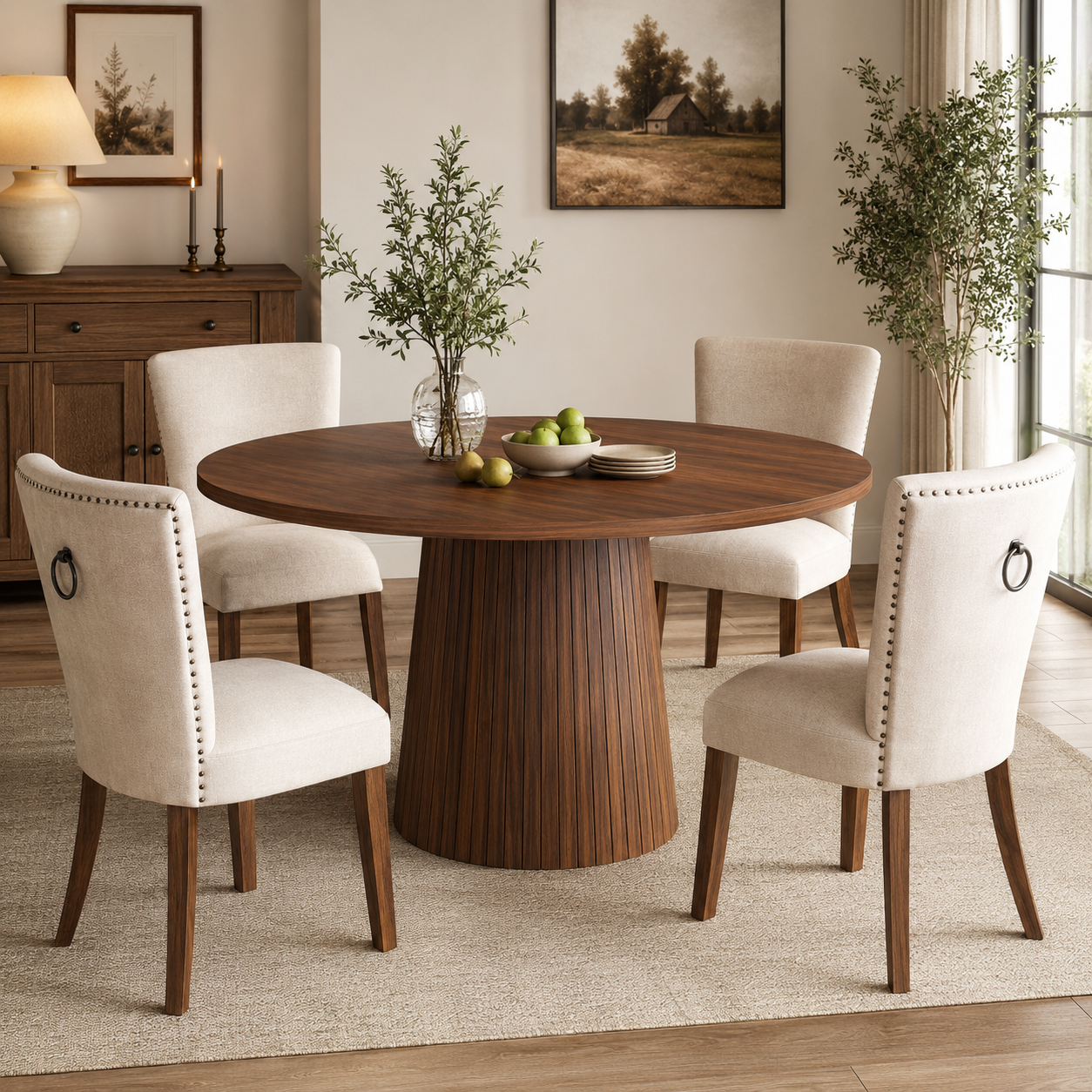 SESSLIFE Round Dining Table for 4, 47" Farmhouse Kitchen Table with Scratch-Resistant Thick Top, X-Shaped Steel Base, Adjustable Feet, 300 lb Capacity, 4-Step Assembly, Ancient Oak