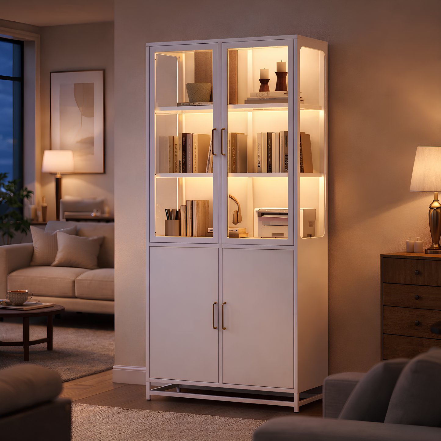 SESSLIFE Metal Display Cabinet with LED Lights, 76.75'' Tall Steel Curio Cabinet with 3-Sided Tempered Glass Doors, 5 Shelf Glass Display Case for Collectibles, Books, Living Room, Black