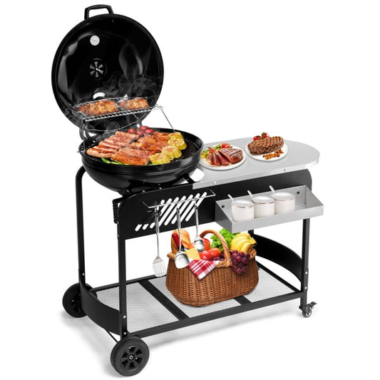 Clearance Enyopro Charcoal Grill! Portable BBQ Charcoal Grill with Porcelain-Enameled Lid and Thermometer for patio, pool, Backyard and camping