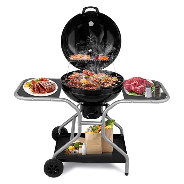 Clearance! Enyopro Kettle Charcoal Grill with 2 Side Tables, Upgraded Ash Catcher, Thermometer, Outdoor Cooking Barbecue Grill with Wheels