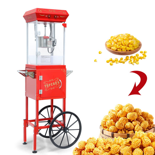 Commercial Popcorn Machine with Cart, 480W Popcorn Maker Machine, Popcorn Popper Machine with 6 oz Stainless Steel Kettle, Heated Deck, Storage Cabinet & 2 Wheels for Parties