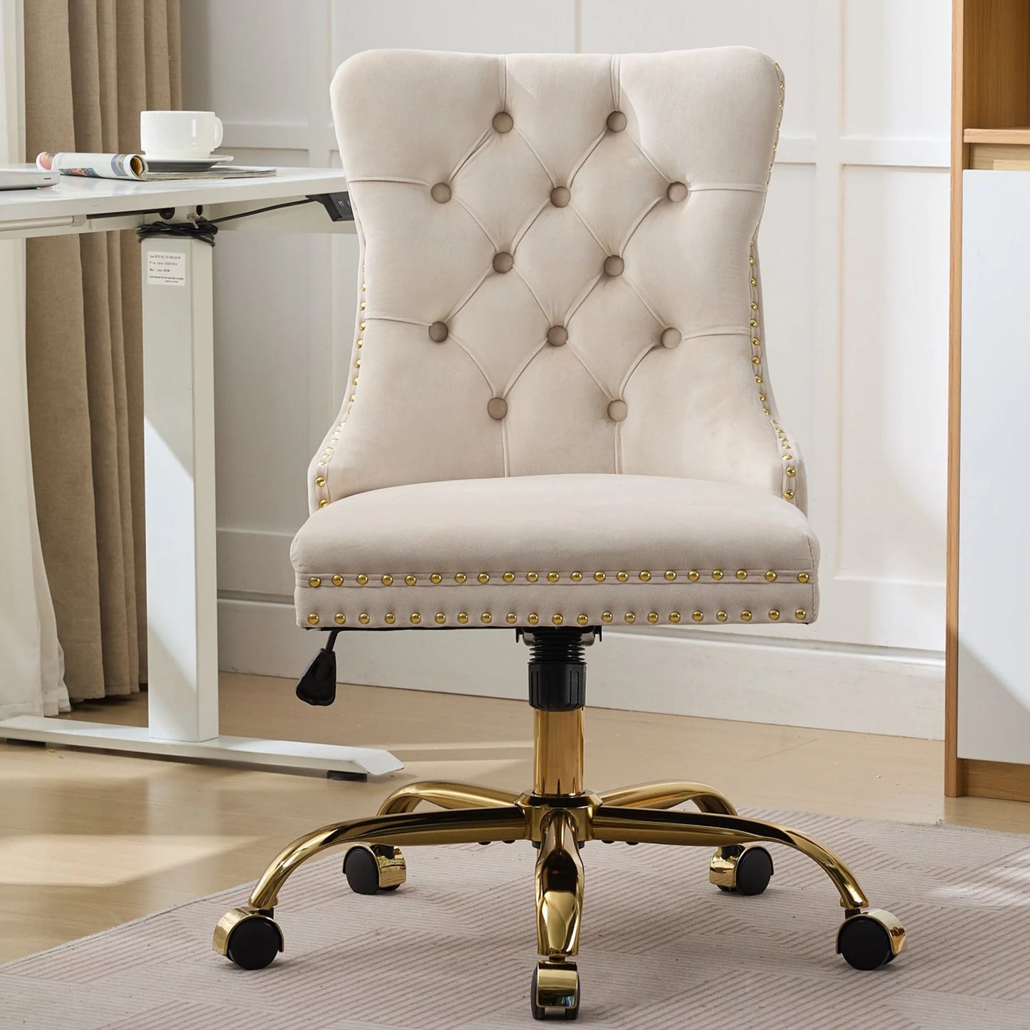 ENYOPRO Makeup Chair with High Back, Large Velvet Fabric Swivel Task Chair for Home Office, Ergonomic Comfortable Chair, Comfy Chair, Beige
