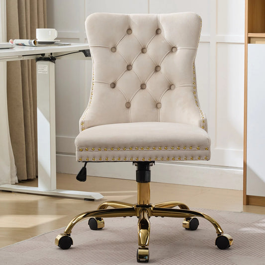 ENYOPRO Makeup Chair with High Back, Large Velvet Fabric Swivel Task Chair for Home Office, Ergonomic Comfortable Chair, Comfy Chair, Beige