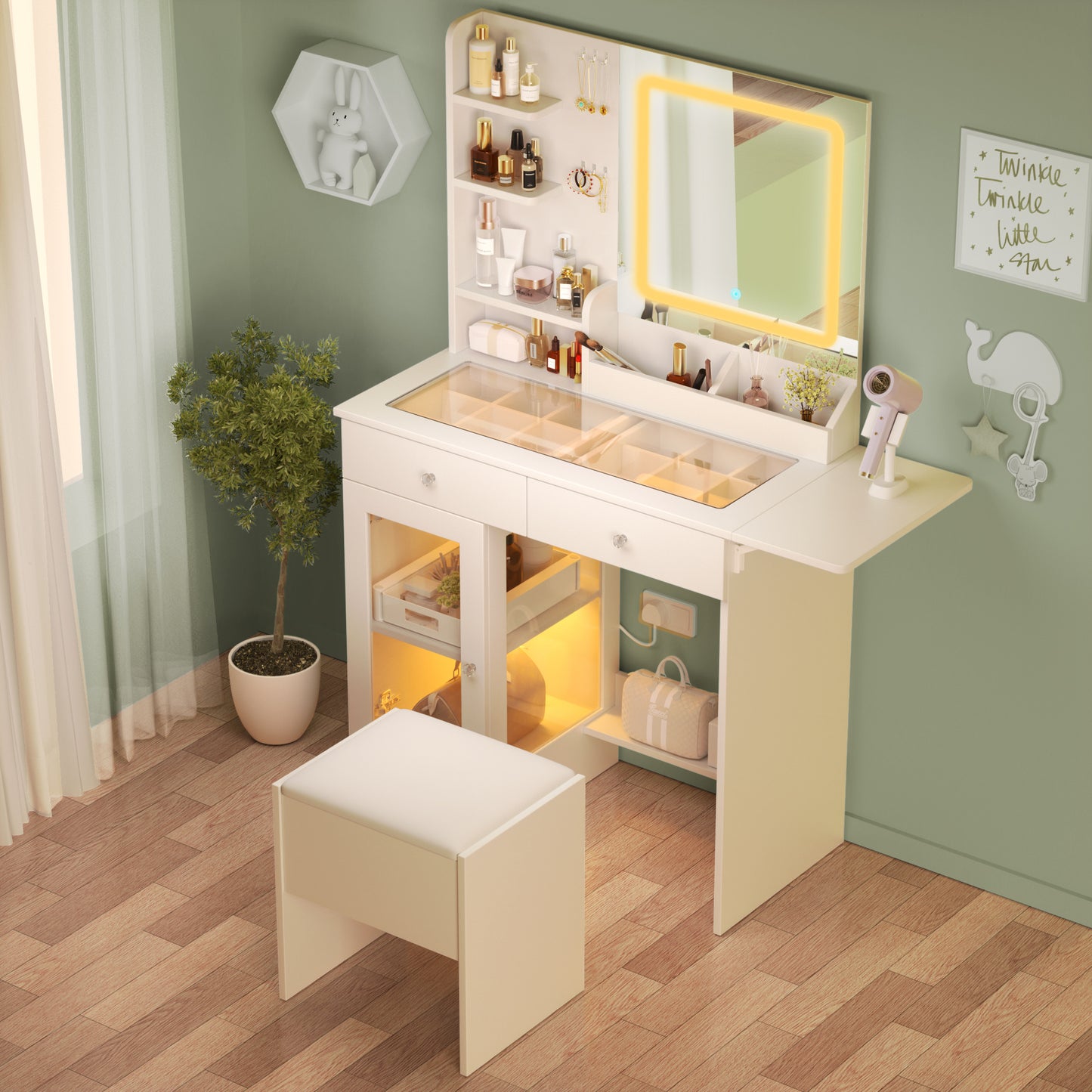 SESSLIFE Small Vanity Table Set with Mirror and Lights, Makeup Vanity with Glass Top and USB Ports, Dressing Table for Bedroom with Storage Drawers and Stool, White Compact Design