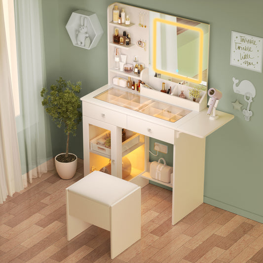 SESSLIFE Small Vanity Table Set with Mirror and Lights, Makeup Vanity with Glass Top and USB Ports, Dressing Table for Bedroom with Storage Drawers and Stool, White Compact Design