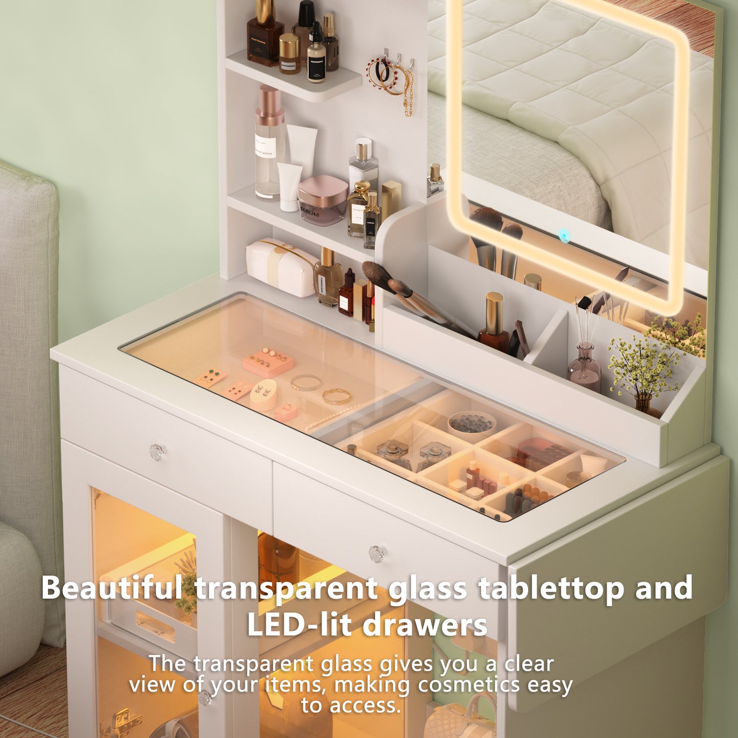 SESSLIFE Small Vanity Table Set with Mirror and Lights, Makeup Vanity with Glass Top and USB Ports, Dressing Table for Bedroom with Storage Drawers and Stool, White Compact Design