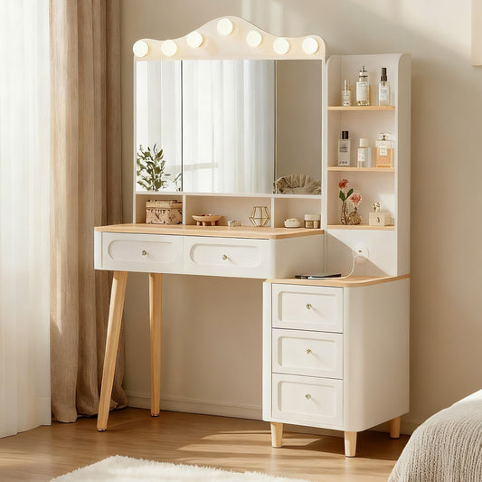 SESSLIFE Vanity Desk with Mirror and Lights, Makeup Vanity with 2 USB Charging and Foldable Three-Sided Mirror, Vanity Set with 5 Drawers, Adjustable 3-Color LED, White for Bedroom