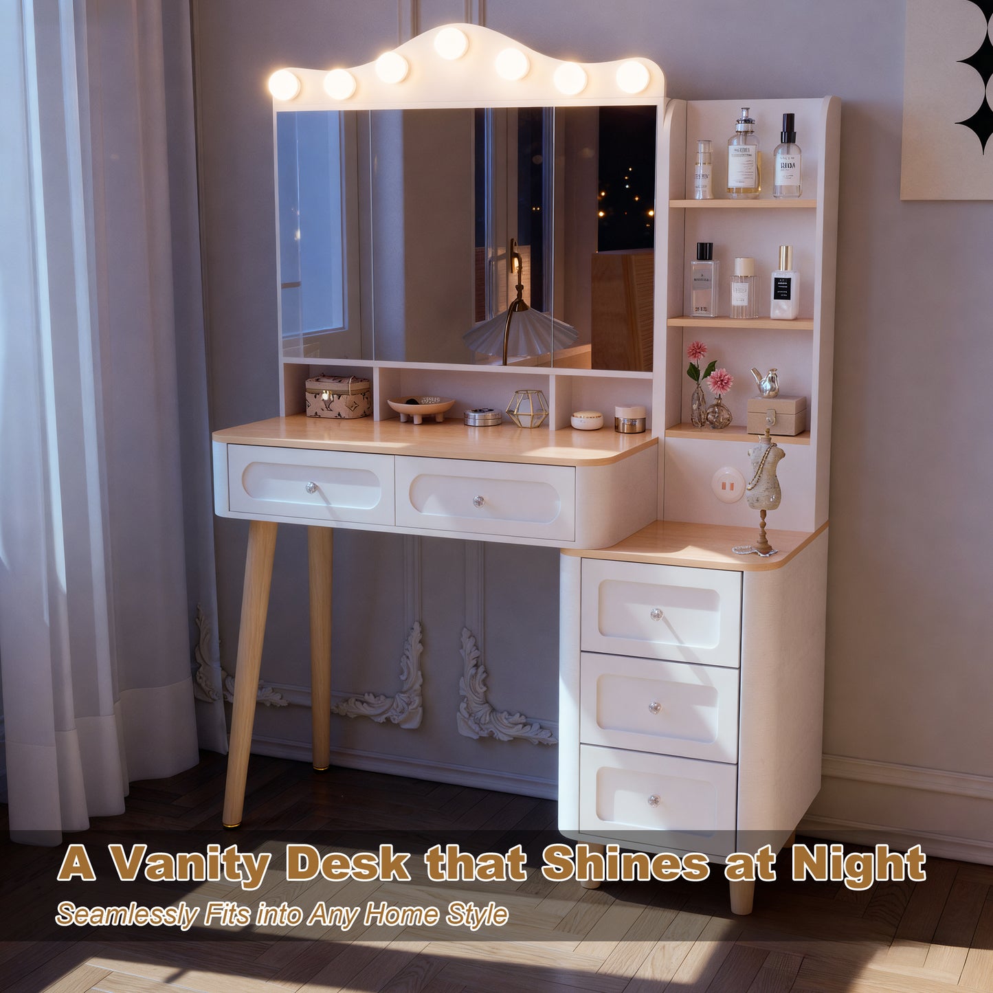 SESSLIFE Vanity Desk with Mirror and Lights, Makeup Vanity with 2 USB Charging and Foldable Three-Sided Mirror, Vanity Set with 5 Drawers, Adjustable 3-Color LED, White for Bedroom