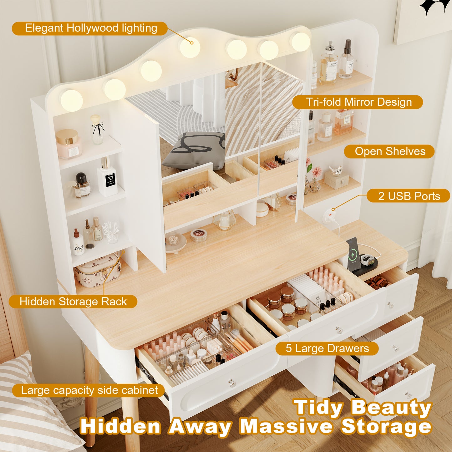 SESSLIFE Vanity Desk with Mirror and Lights, Makeup Vanity with 2 USB Charging and Foldable Three-Sided Mirror, Vanity Set with 5 Drawers, Adjustable 3-Color LED, White for Bedroom