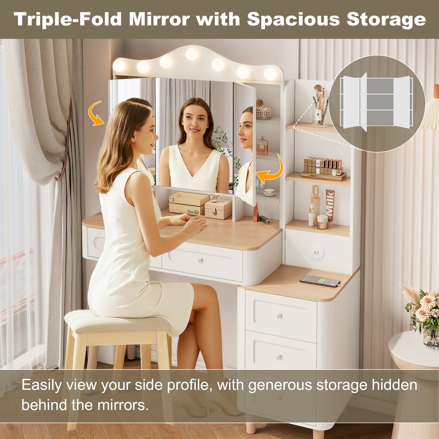 SESSLIFE Vanity Desk with Mirror and Lights, Makeup Vanity with 2 USB Charging and Foldable Three-Sided Mirror, Vanity Set with 5 Drawers, Adjustable 3-Color LED, White for Bedroom