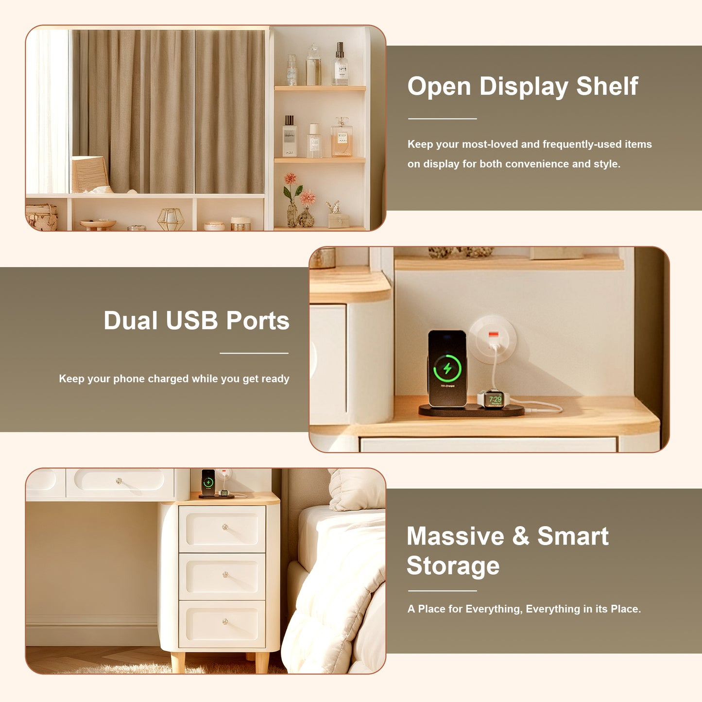 SESSLIFE Vanity Desk with Mirror and Lights, Makeup Vanity with 2 USB Charging and Foldable Three-Sided Mirror, Vanity Set with 5 Drawers, Adjustable 3-Color LED, White for Bedroom