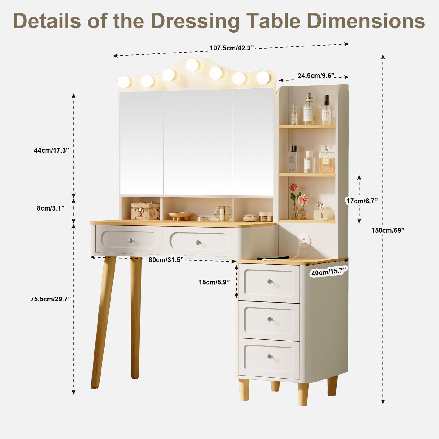 SESSLIFE Vanity Desk with Mirror and Lights, Makeup Vanity with 2 USB Charging and Foldable Three-Sided Mirror, Vanity Set with 5 Drawers, Adjustable 3-Color LED, White for Bedroom