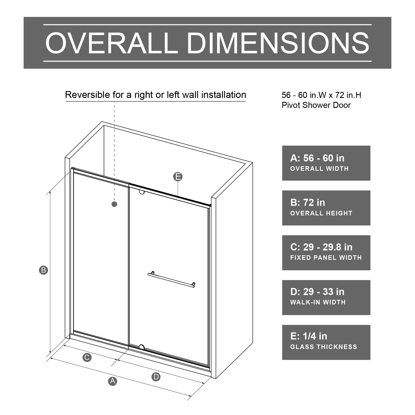 SESSLIFE 60x72" Modern Pivot Shower Door, 1/4" Thick Clear Tempered Glass with Bilateral Adjustment for Shower Use, Stainless Steel Handle and High-Strength Framework, Matt Black