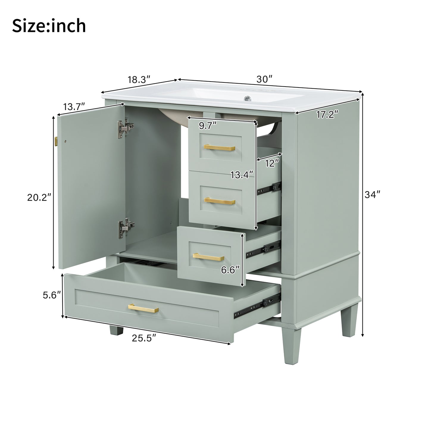 SESSLIFE 30" Bathroom Vanity with Sink, Modern Freestanding Bathroom Cabinet with Ceramic Sink, Soft Close Door and 3 Drawers, Solid Wood Frame, Sage Green