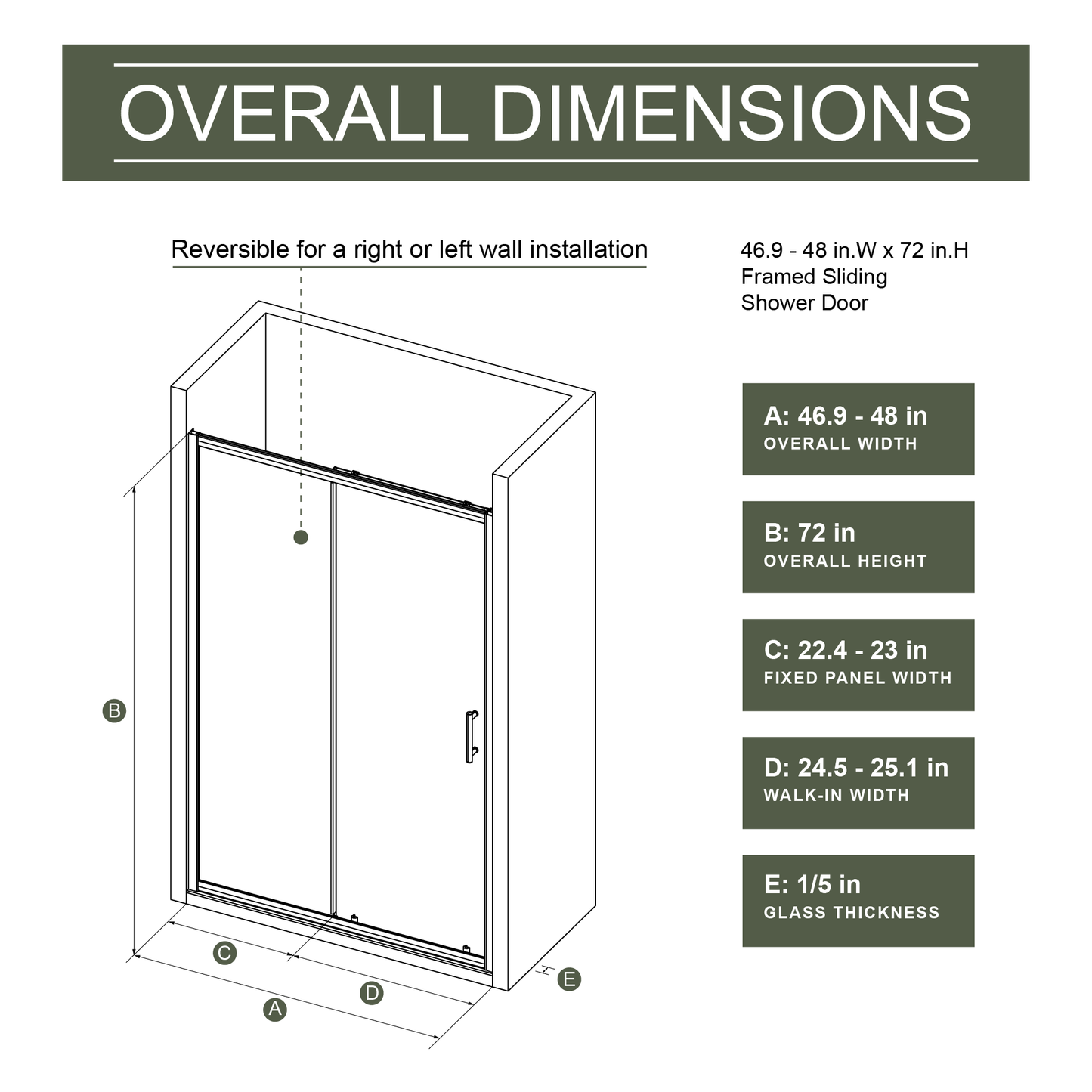 SESSLIFE 48x72 Inch Sliding Shower Door, 1/5 inch Thick Clear Tempered Glass Shower Door with Stainless Steel Handle, Adjustable Width Anti-Leak Bathroom Door for Bathroom, Matte Black