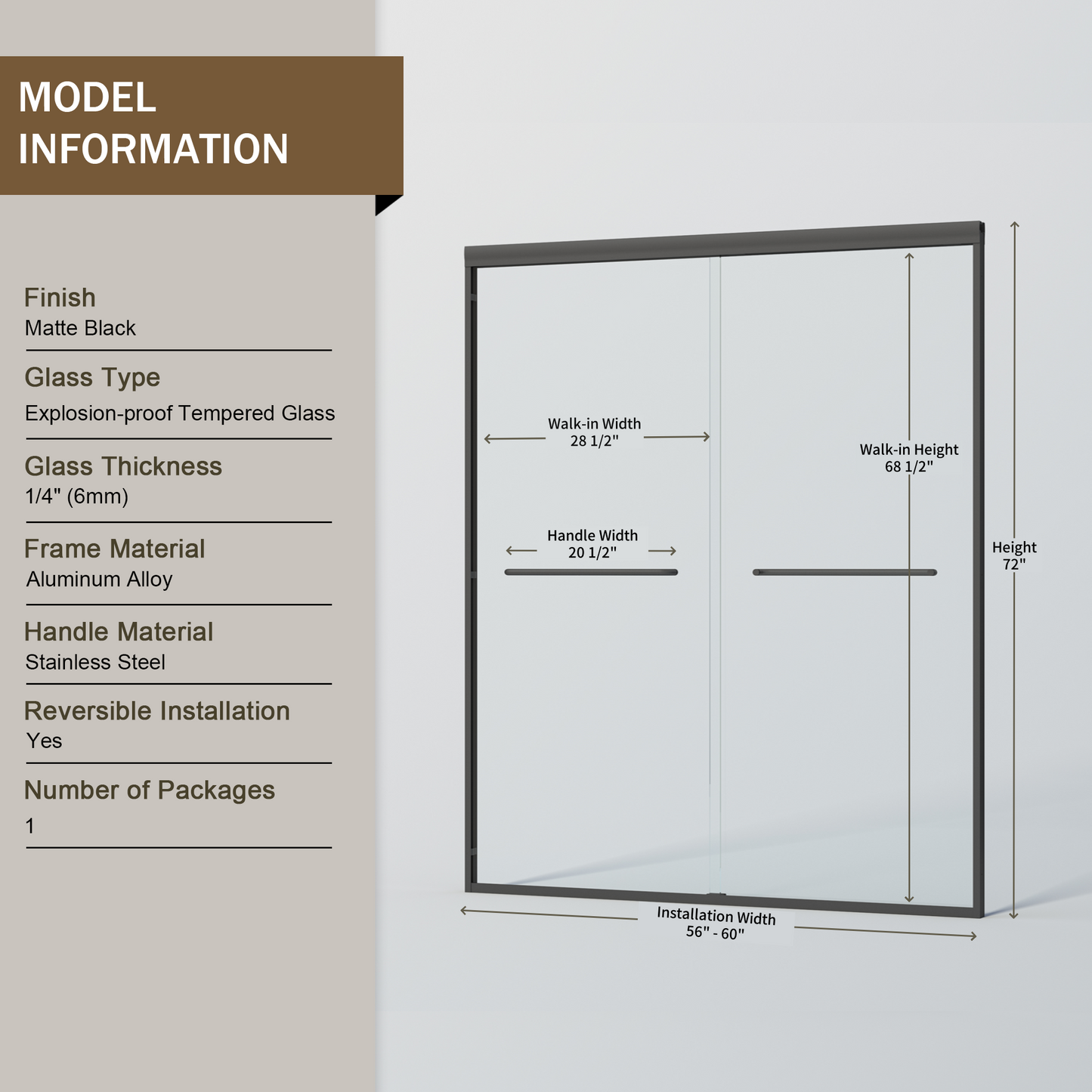 SESSLIFE 56-60" Modern Adjustable Shower Door, Semi-Frameless Matte Black, 1/4 Inch Tempered Glass with Bilateral Installation, Anti-Leak Seal for Walk-in Shower/Bathtub, 72" H