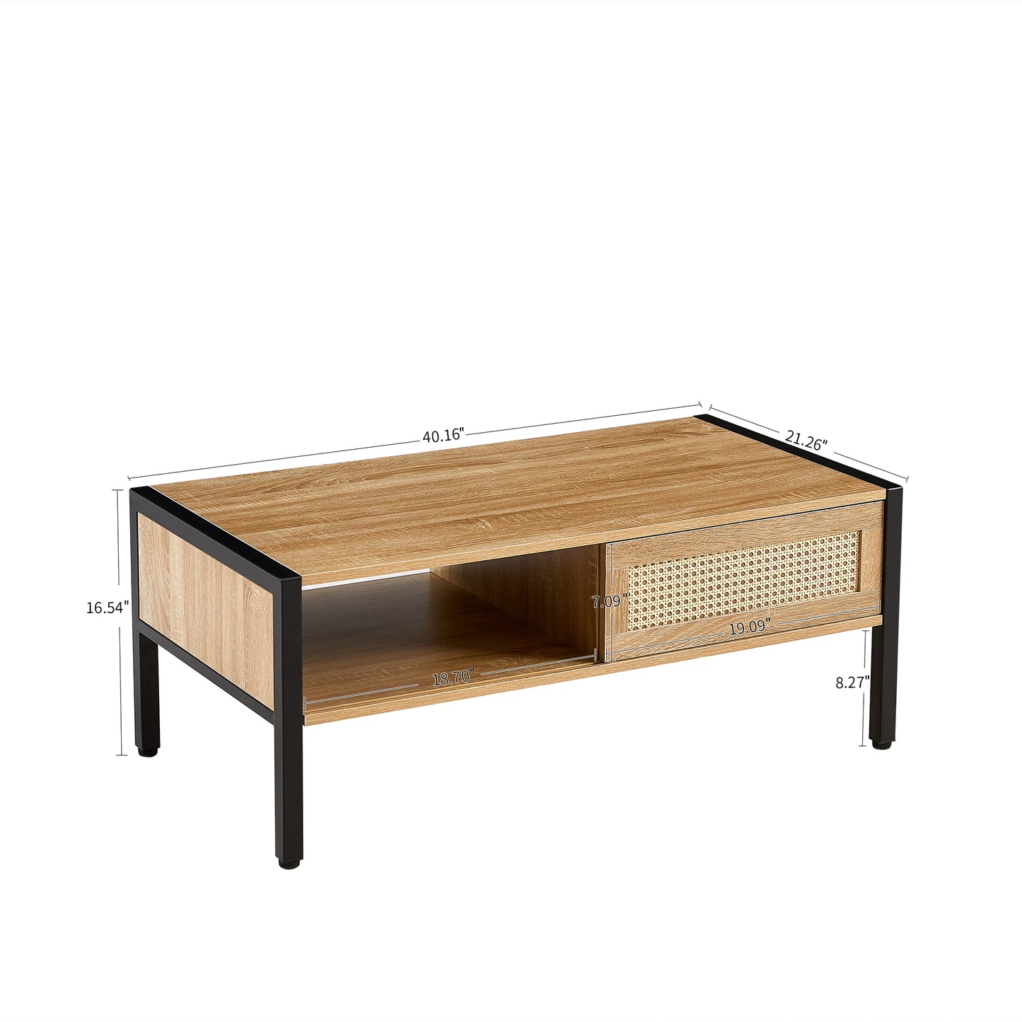 SESSLIFE 40” Modern Rattan Coffee Table with Sliding Door Storage, Natural Woven Side Table, Metal Legs for Living Room, Easy Assembly, Natural