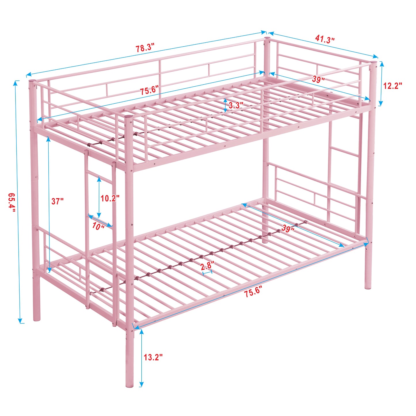PARPOOS Metal Twin Over Twin Bunk Bed with 2 Ladders, Twin Bunk Beds fo Teens with Full Length Guardrails, Convertible Bunk Bed Can Be Divided Into 2 Twin Beds, No Box Spring Needed, Pink