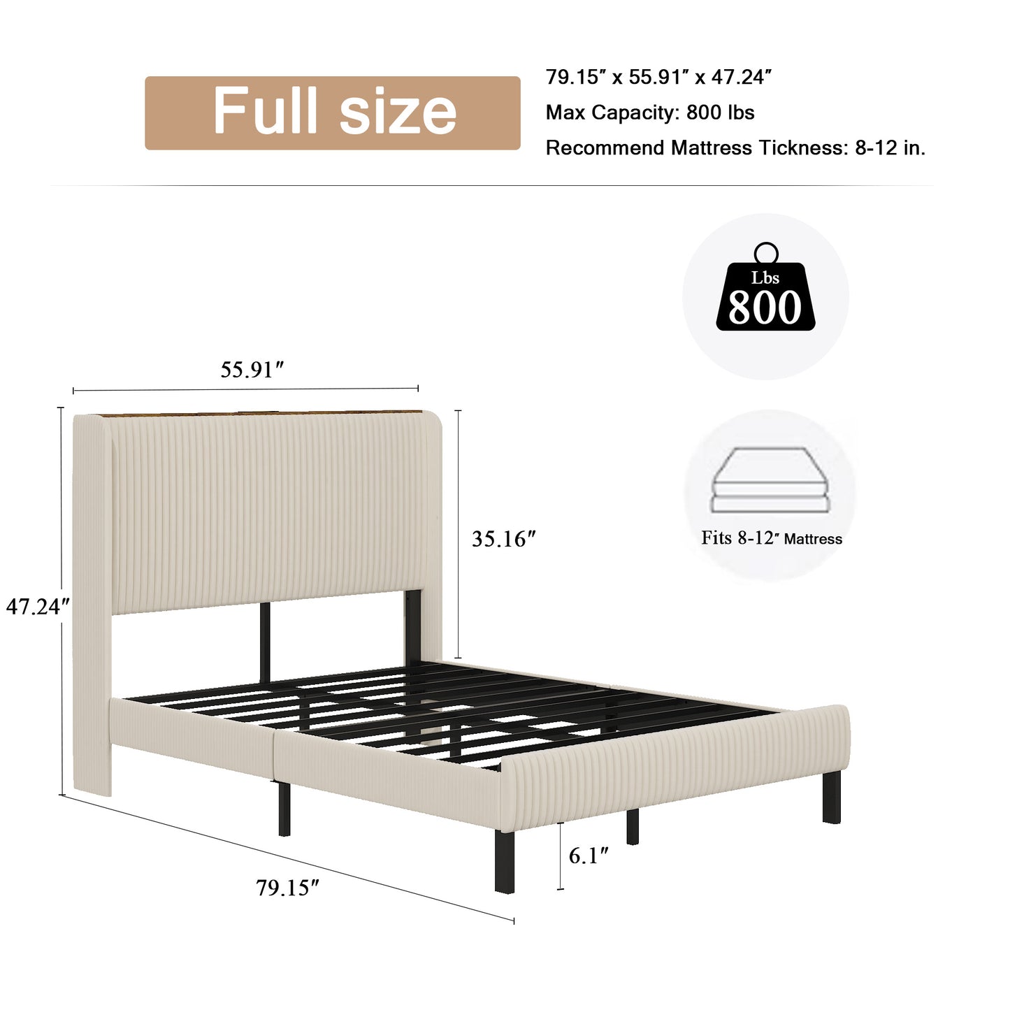 SESSLIFE Queen Platform Bed Frame with Charging Station, Beige Upholstered Bed Frame with Top Shelf Headboard, Metal Slats Hold up to 800lbs, Noise-Free, No Box Spring Needed, Easy Assembly