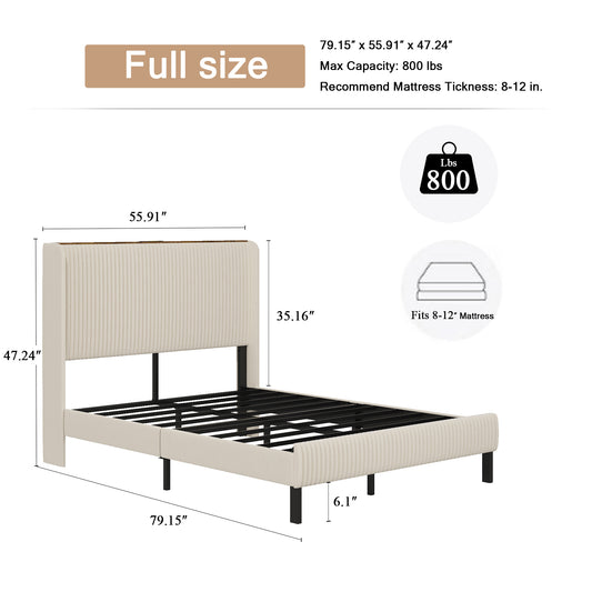 SESSLIFE Queen Platform Bed Frame with Charging Station, Beige Upholstered Bed Frame with Top Shelf Headboard, Metal Slats Hold up to 800lbs, Noise-Free, No Box Spring Needed, Easy Assembly