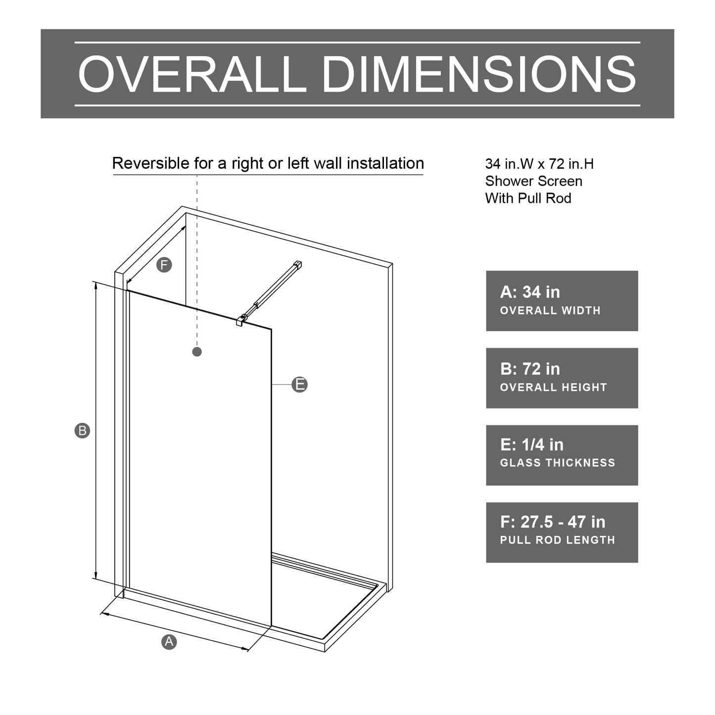 SESSLIFE 34x72 Inch Frameless Shower Door Fixed, 1/4" Matt Black Gradient Tempered Glass Walk in Shower Screen with Adjustable Support Rod, Reversible Installation for Modern Bathroom