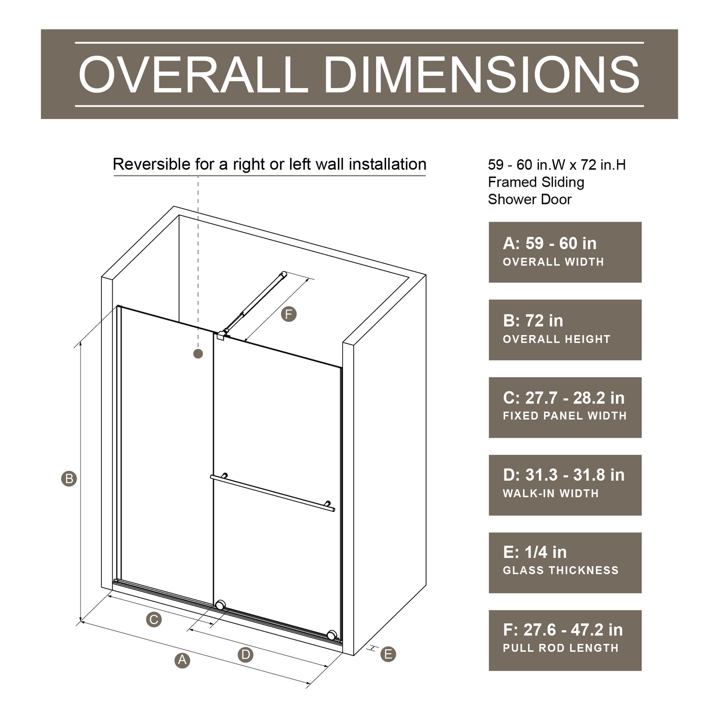 SESSLIFE 60"W x 72"H Adjustable Sliding Glass Shower Door, Frameless Bathtub Door with Dual Usage Walk-In Shower Screen, Stainless Steel Handle and Support Bar, Matte Black