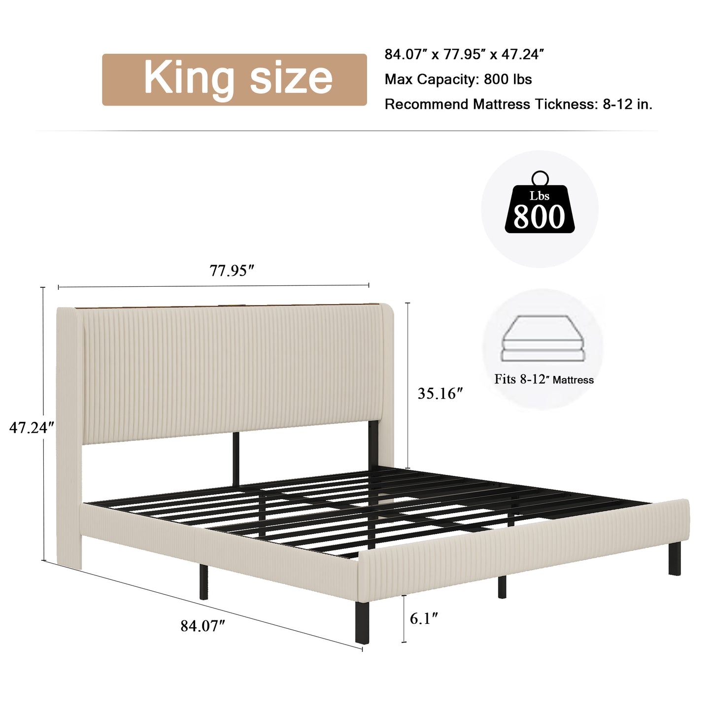 SESSLIFE Queen Platform Bed Frame with Charging Station, Beige Upholstered Bed Frame with Top Shelf Headboard, Metal Slats Hold up to 800lbs, Noise-Free, No Box Spring Needed, Easy Assembly