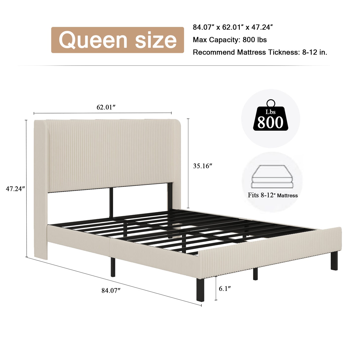 SESSLIFE Queen Platform Bed Frame with Charging Station, Beige Upholstered Bed Frame with Top Shelf Headboard, Metal Slats Hold up to 800lbs, Noise-Free, No Box Spring Needed, Easy Assembly